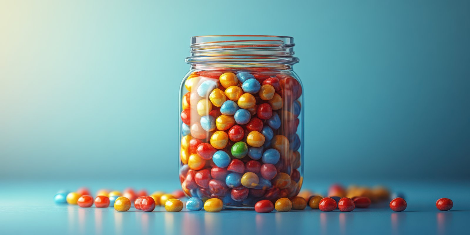 Colorful candy jar filled with vibrant chocolates creates a playful atmosphere in a bright and cheerful setting